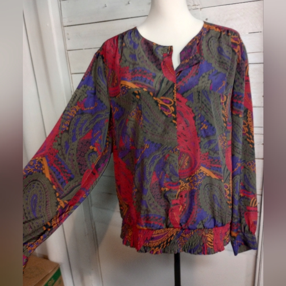Vintage 80s 90s Silky Baroque Print Red and Purple Blouse Women’s Size 20